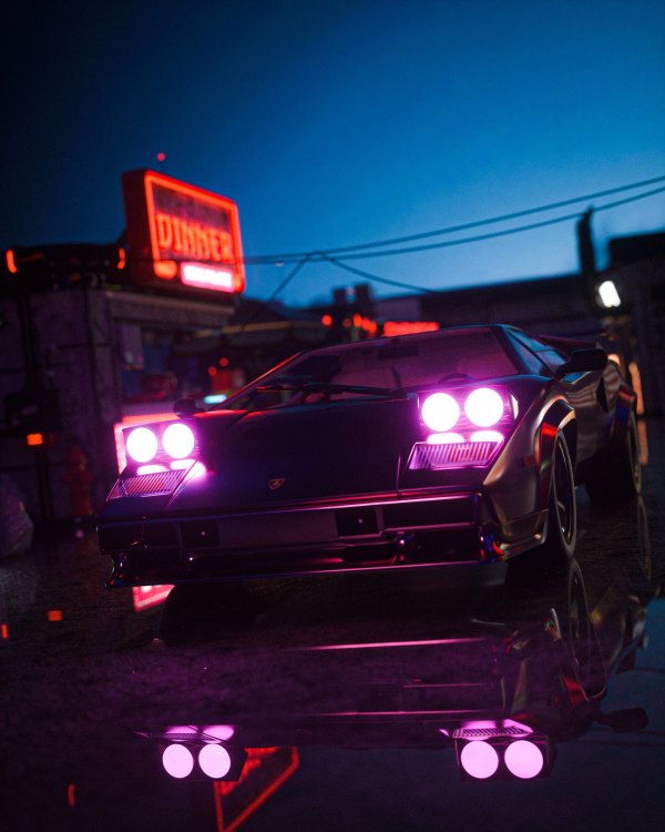 Изображение №14 2160x2700 «Суперкар Lamborghini Countach, киберпанк» из коллекции «Обои Неоновые Машины»