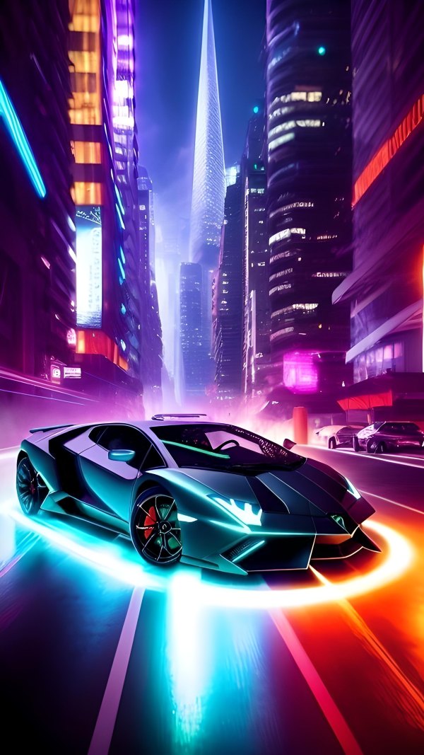 Изображение №4 2000x3556 «Крутая машина с неоновой подсветкой в городе киберпанк» из коллекции «Обои Неоновые Машины»