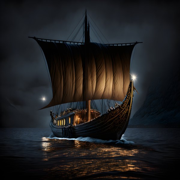 Изображение №5 4096x4096 «Корабль Викингов ночью, ИИ фото» из коллекции «Обои Викинги (Vikings)»