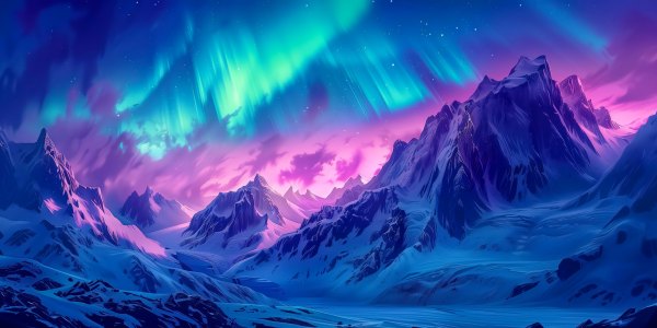Изображение №1 4096x2048 «Арт, горы, северное сияние» из коллекции «Обои Северное Сияние»