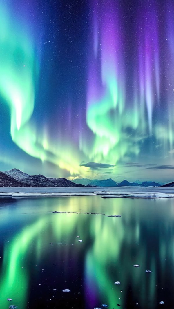 Изображение №1 1440x2560 «Красивое полярное сияние, озеро, горы» из коллекции «Обои Северное Сияние»