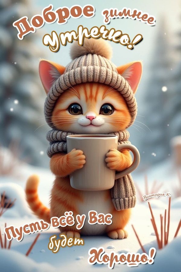 Изображение №53 683x1024 «Доброе зимнее утречко! Пусть всё у вас будет хорошо! Рыжий котик в шапке.» из коллекции «Открытки «С добрым зимним утром!» с животными»