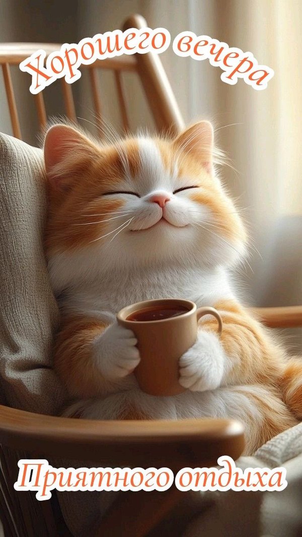 Изображение №26 673x1196 «Хорошего вечера! Приятного отдыха! Рыжий кот с чашкой чая.» из коллекции «Открытки «Хорошего доброго вечера!»»