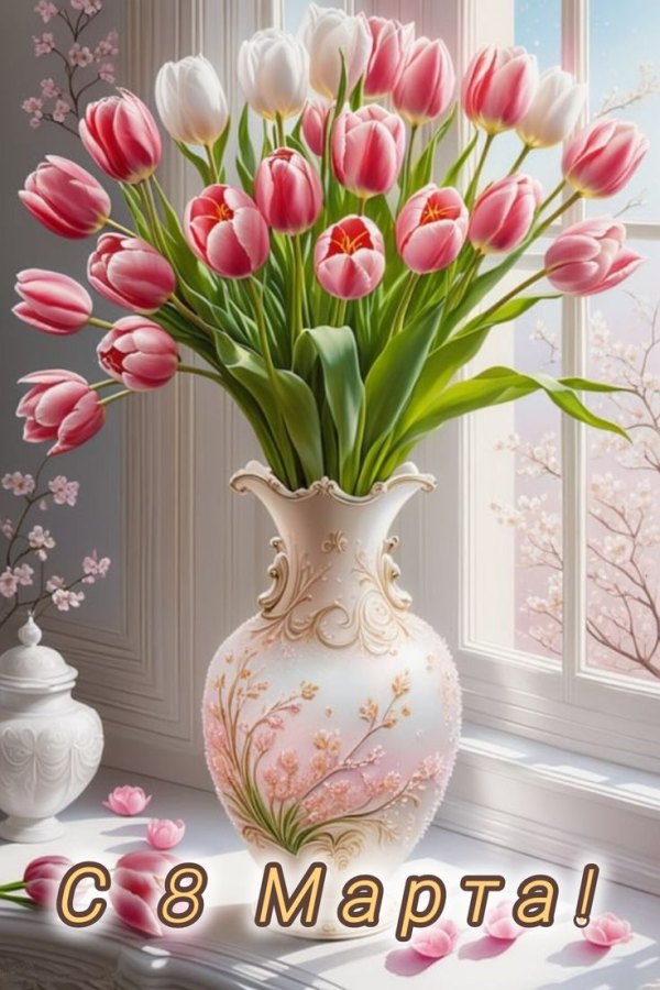 Изображение №41 736x1104 «С 8 марта! Тюльпаны в вазе на окне.» из коллекции «Красивые открытки «С 8 марта!»»