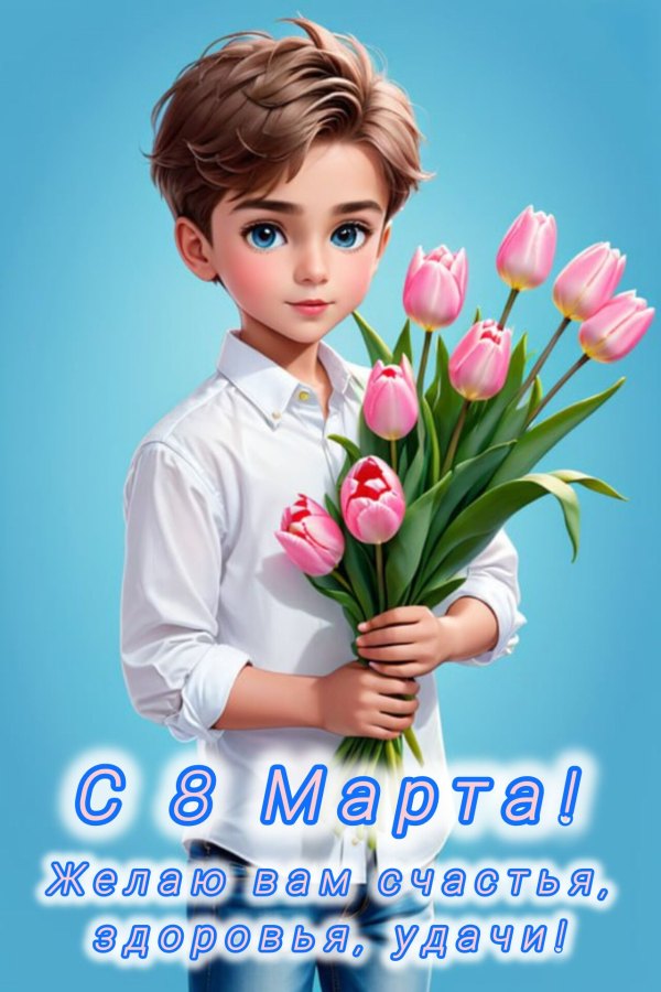 Изображение №47 1280x1920 «С 8 марта! Желаю вам счастья, здоровья, удачи! Мальчик с букетом цветов.» из коллекции «Красивые открытки «С 8 марта!»»
