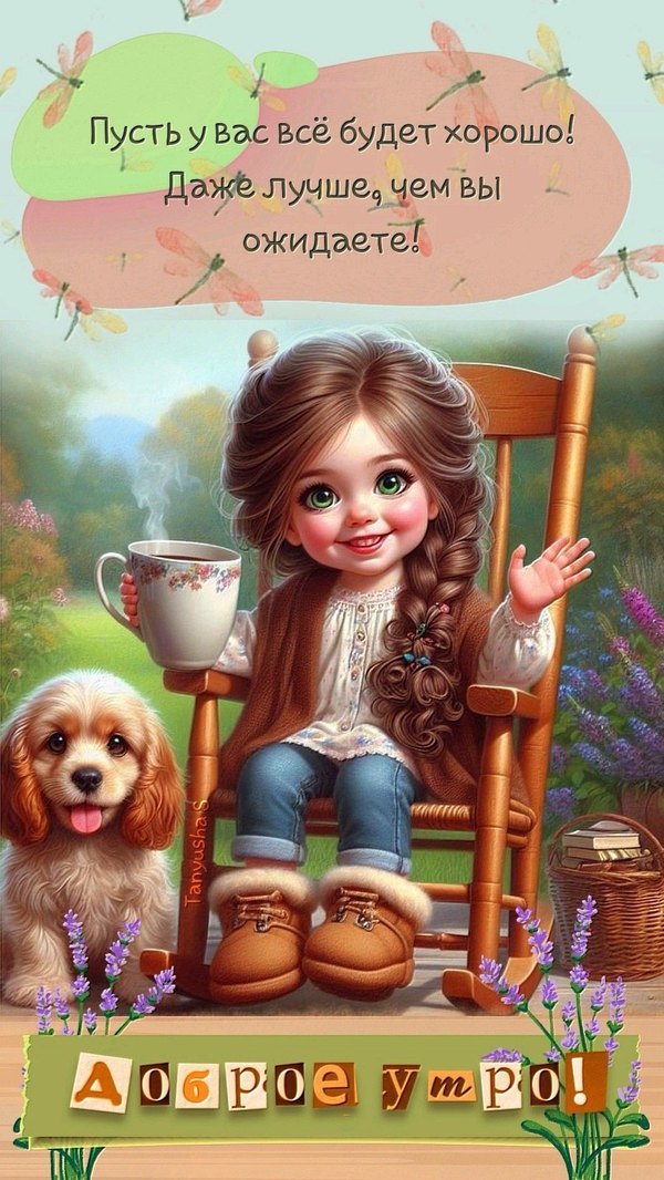 Изображение №30 1074x1909 «Доброе утро! Девочка с собачкой.» из коллекции «Летние открытки «С добрым утром!»»
